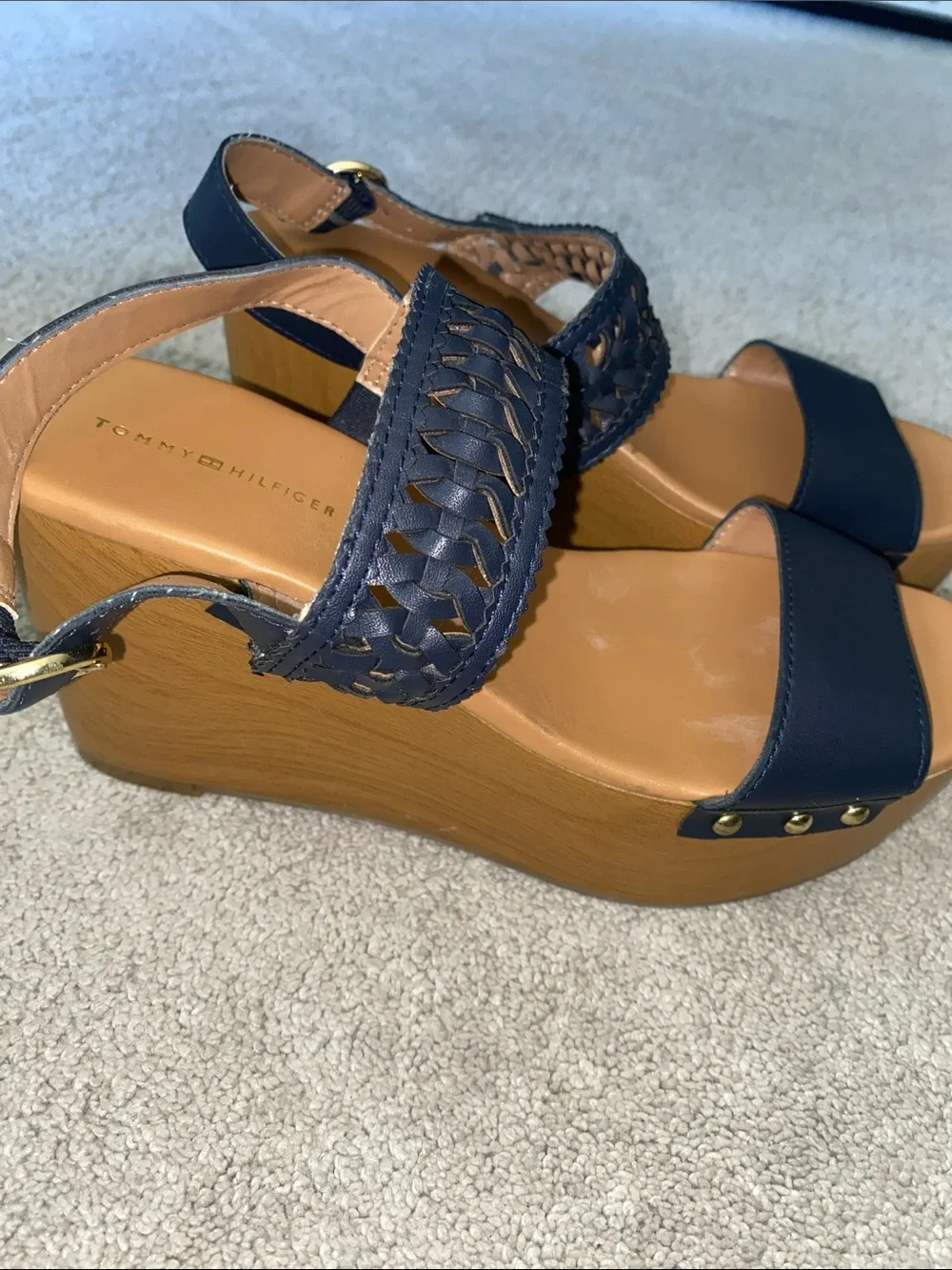 Tommy Hilfiger Platform Wedges Sandals Womens 7.5M Blue Gold Logo Strappy Boho